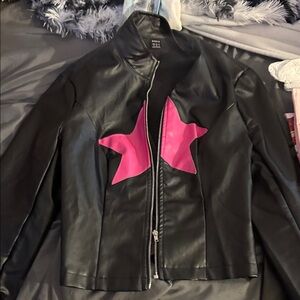 SHEIN Black Leather Jacket with Pink Star